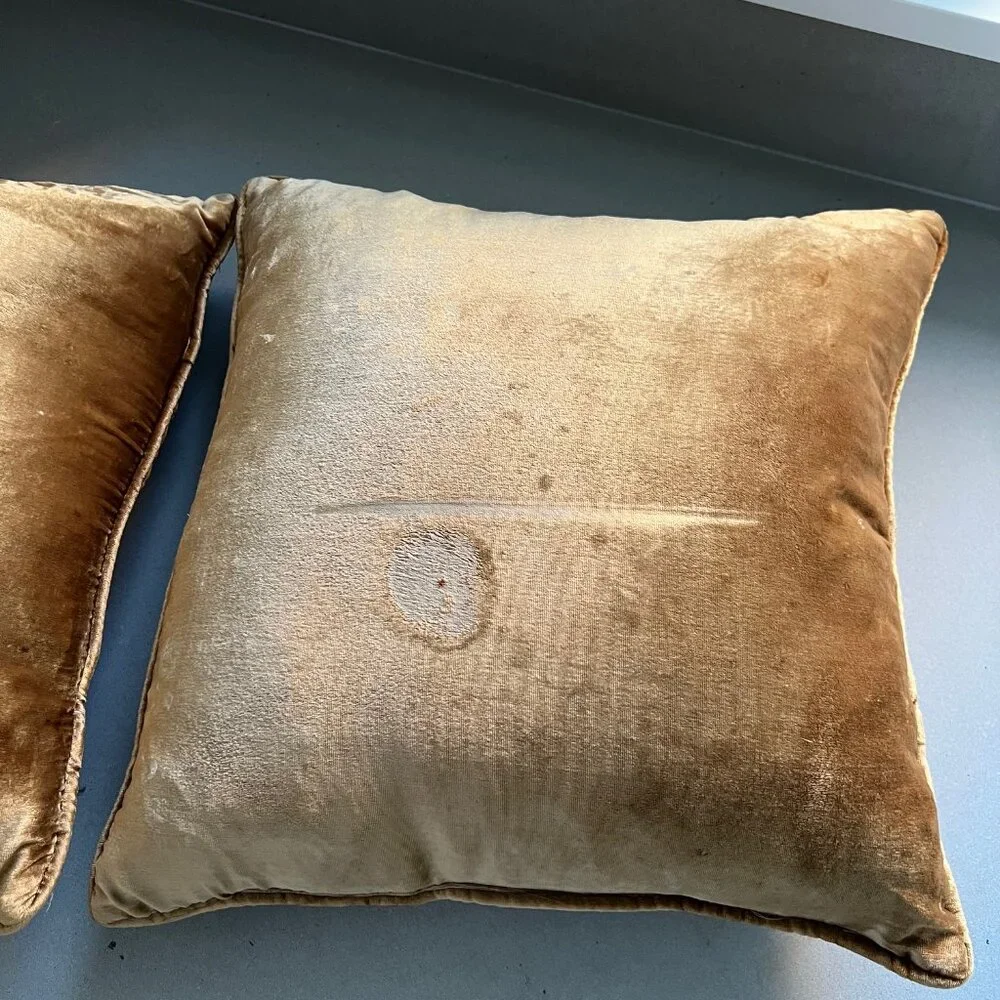 Mid-Century Vintage Velvet Gold Cat Eye Pattern Down Feather Pillows, Set of 2